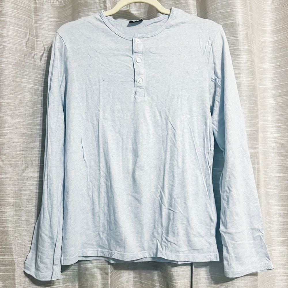 H&M Mens Cotton Jersey Henley Shirt - Light Blue, Size S